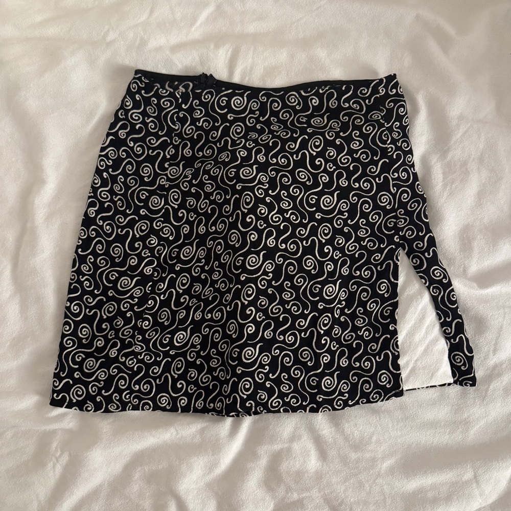 Reformation Black Mini Skirt with White Swirl Print